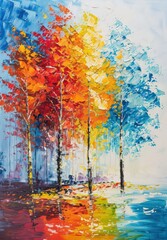 A vibrant painting of colorful trees reflecting in water, showcasing nature's beauty and seasonal change.