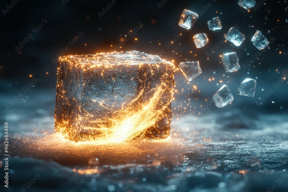 Poster a glowing ball of energy being thrown at a block of ice causing it to explode into pieces. break the