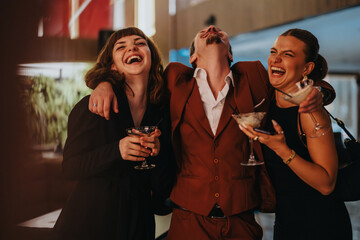 Three friends dressed stylishly, laughing and enjoying their night out at a chic venue with cocktails in hand.