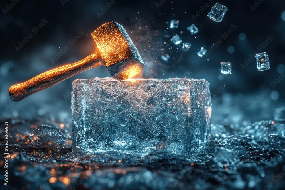 Poster a glowing hammer descending on a crystal-clear block of ice with light refracting through the cracks