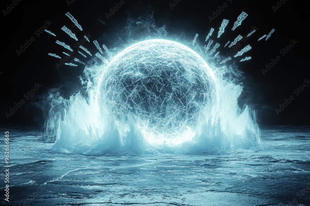 Poster a glowing sphere crashing into a frozen surface causing a wave of cracks to spread out. break the ic