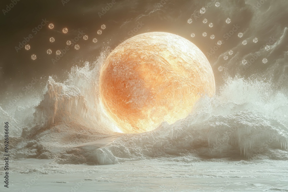 Poster a glowing sphere crashing into a frozen surface causing a wave of cracks to spread out. break the ic