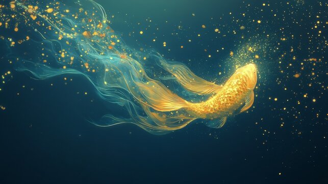Luxurious minimal Matsya Avatar, gracefully swimming in a deep blue sea with soft gold accents and a serene, calm expression, exuding divine simplicity