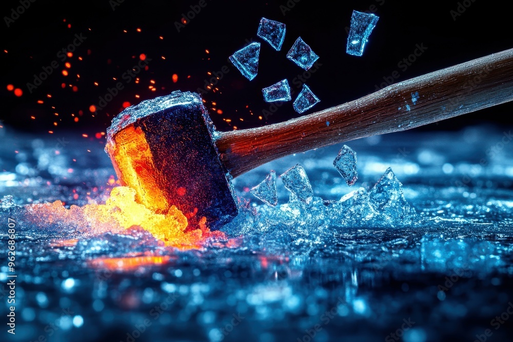 Poster a stylized image of a hammer descending on a frozen surface with bright colors illuminating the crac