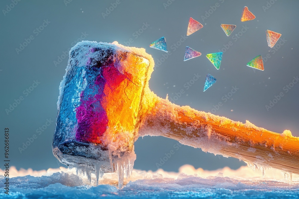 Poster a stylized image of a hammer descending on a frozen surface with bright colors illuminating the crac