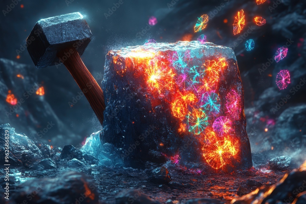 Poster a stylized image of a hammer striking a block of ice with colorful patterns emerging from the cracks