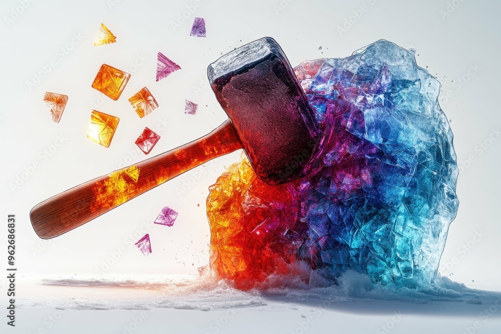 Poster a stylized image of a hammer striking a block of ice with colorful patterns emerging from the cracks