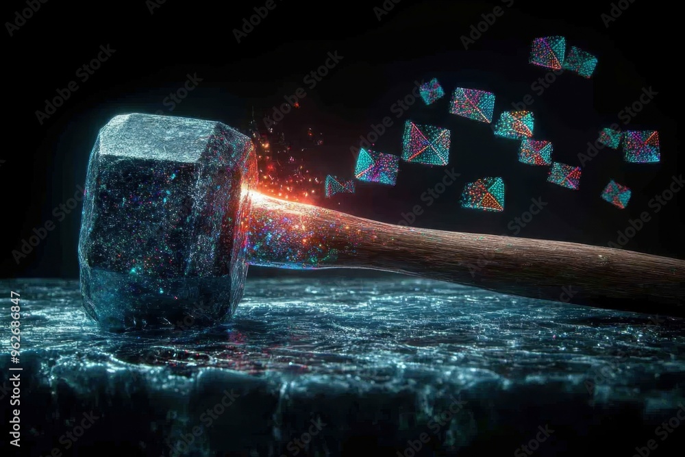 Poster a stylized image of a hammer striking a block of ice with colorful patterns emerging from the cracks