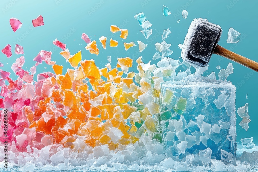 Poster a stylized image of a hammer striking a block of ice with colorful patterns emerging from the cracks