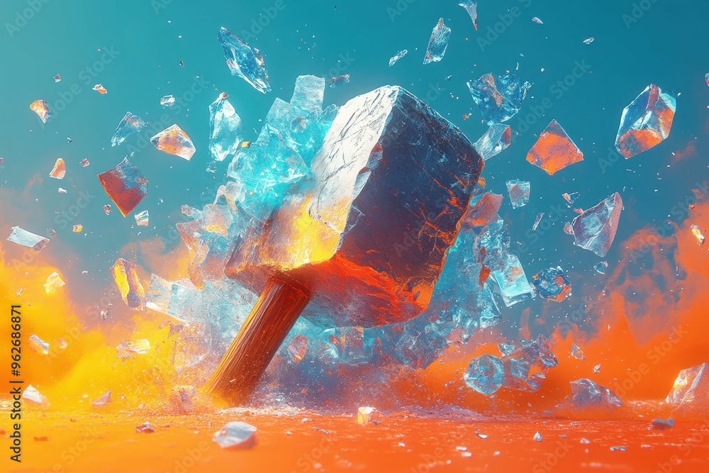 Poster a stylized image of a hammer striking a block of ice with colorful patterns emerging from the cracks