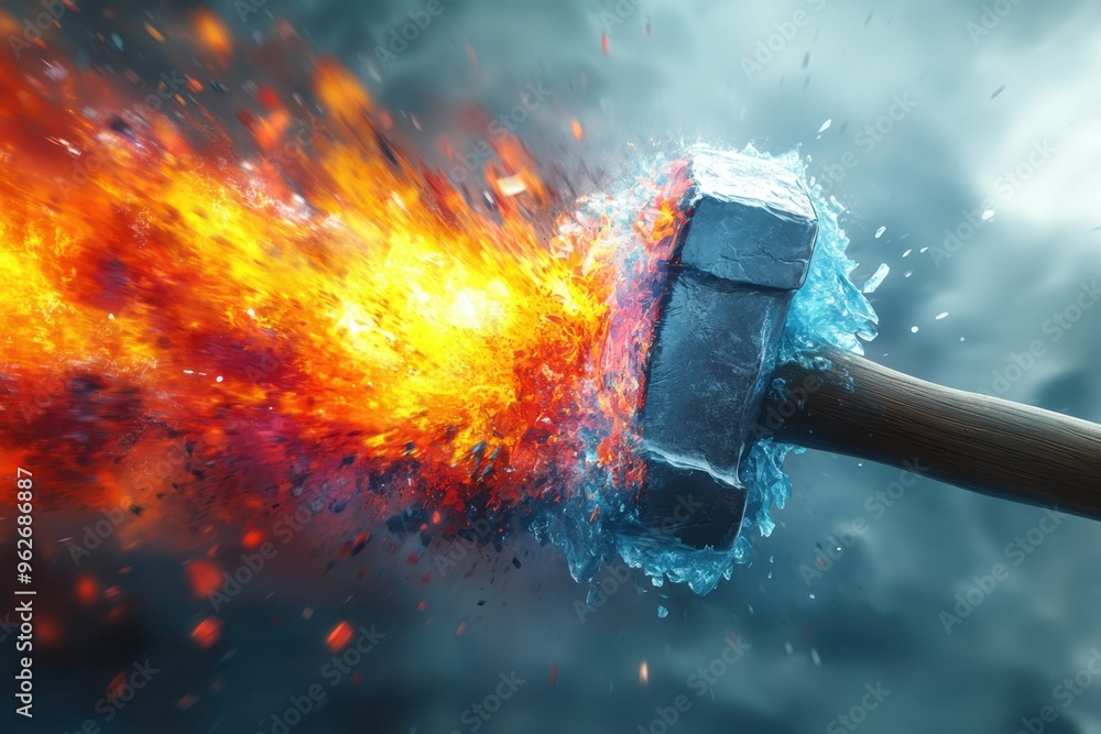 Poster a stylized image of a hammer striking a block of ice with colorful patterns emerging from the cracks