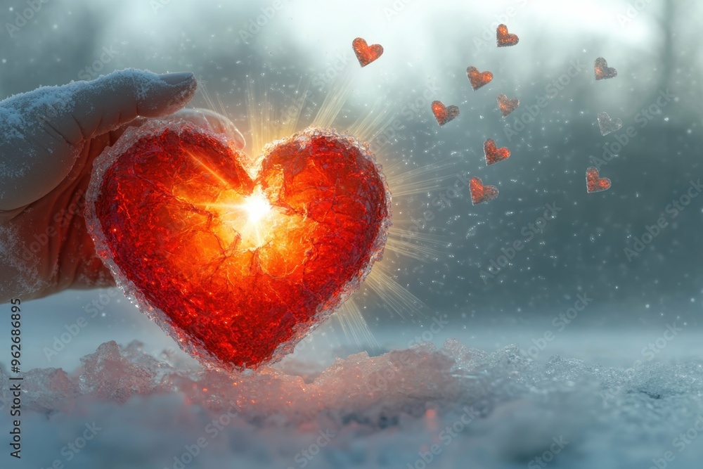 Poster a stylized image of a hand cracking a frozen heart with rays of warmth emanating from the break. bre