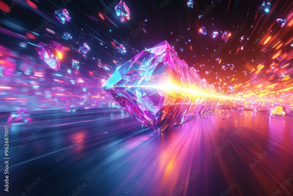 Poster a stylized image of a hand slicing through ice leaving a trail of bright colorful lines. break the i