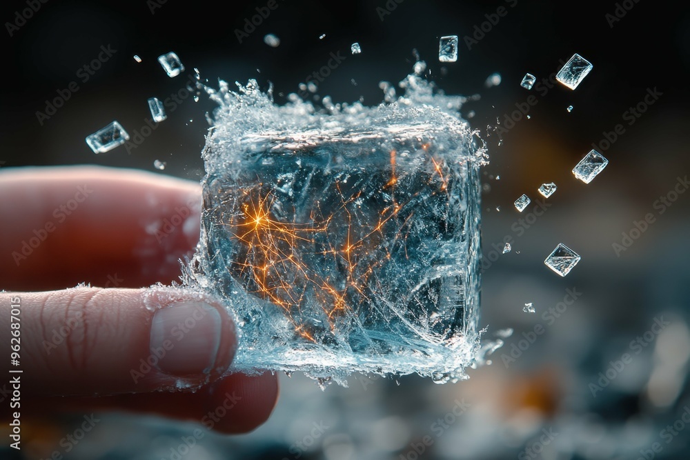 Poster a stylized image of a hand squeezing an ice cube until it cracks with energy lines radiating from th