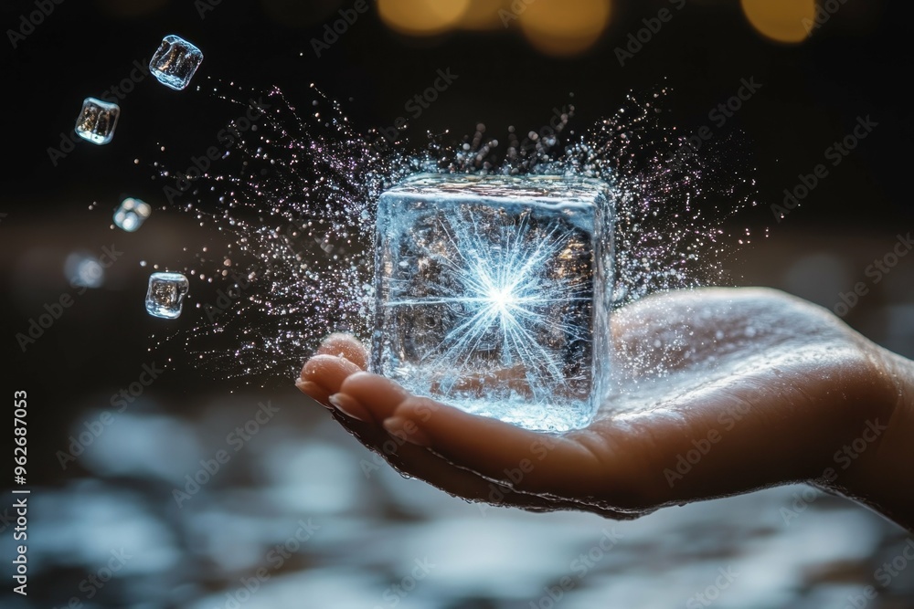 Poster a stylized image of a hand squeezing an ice cube until it cracks with energy lines radiating from th
