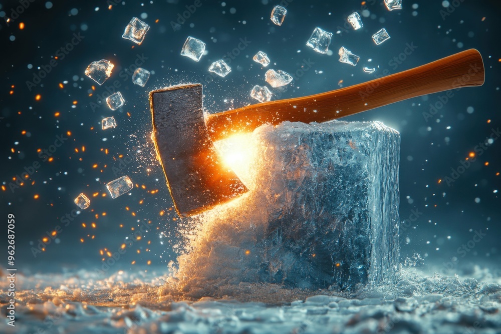 Poster a stylized image of an axe splitting a block of ice in half with bright light pouring out. break the