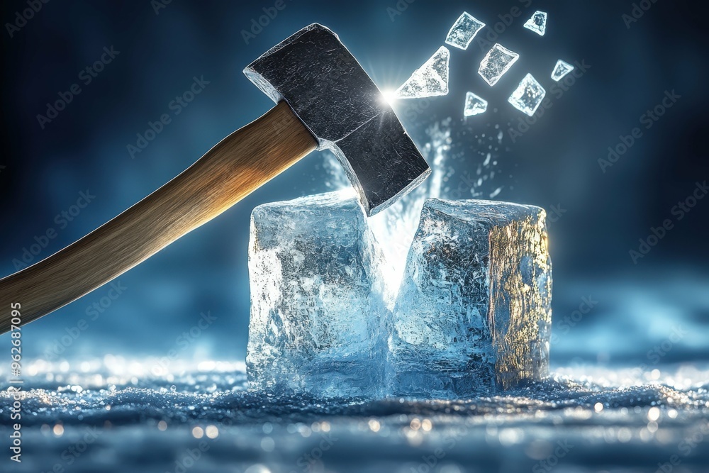 Poster a stylized image of an axe splitting a block of ice in half with bright light pouring out. break the
