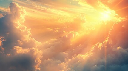 The sky is filled with clouds and the sun is shining through them