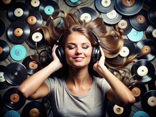 A young woman with headphones and eyes closed, surrounded by musical notes and vinyl records, lost...