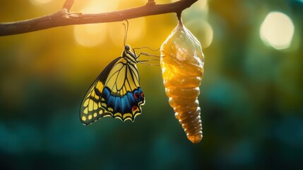 A butterfly is on a branch next to a caterpillar