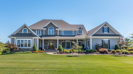 Obraz premium A beautiful suburban house with a well-maintained lawn and landscaping, showcasing modern architectural design.