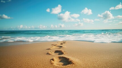 Obraz premium A beach with a sunset in the background and a line of footprints in the sand