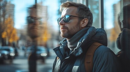 Obraz premium portrait shot of relaxed adult male standing against mirror reflecting street casual lifestyle natural confidence in outdoor urban setting stylish and calm city environment