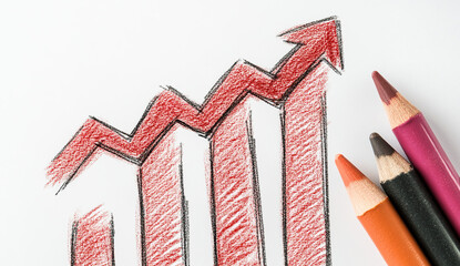 Red Crayon Arrow Drawing an Upward Trend on a White Background, Symbolizing Growth and Market Improvement in High Resolution