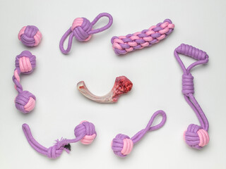 Collection of Purple and Pink Dog Toys with Chew Bone on White Background