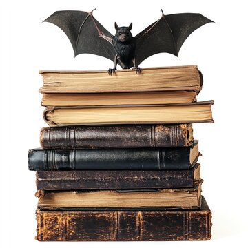 A stack of books with a bat perched on top, Halloween theme, dark and mysterious, isolated on white background