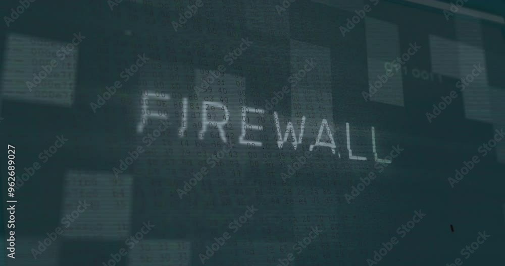 Poster firewall text animation over digital code and data blocks background