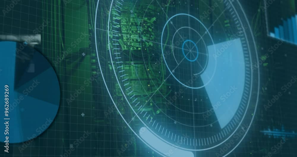 Poster radar scanning animation over cityscape with grid lines and data points