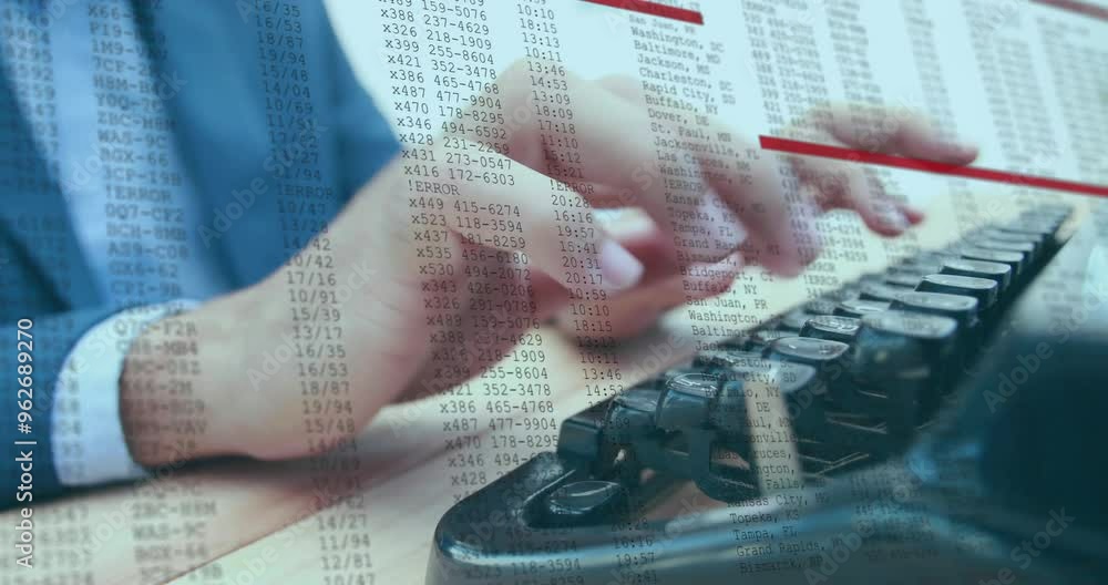 Poster typing on keyboard, hands processing financial data with animation overlay