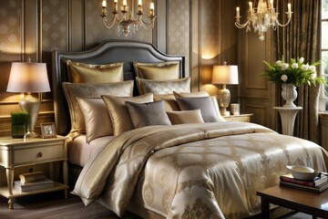 Luxurious bedroom decor with elegant bedding and golden chandeliers light