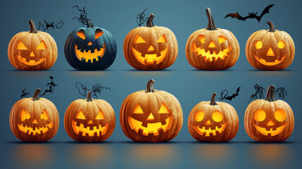 Fototapeta premium A collection of jack-o'-lanterns with various expressions, ready for Halloween.