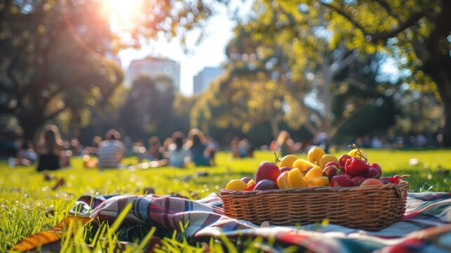 A vibrant scene of people picnicking on a grassy area in an urban park, with picnic blankets and baskets, featuring a clean background and plenty of copy space for outdoor dining tips.