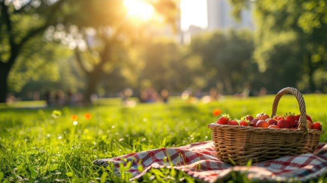 A vibrant scene of people picnicking on a grassy area in an urban park, with picnic blankets and baskets, featuring a clean background and plenty of copy space for outdoor dining tips.
