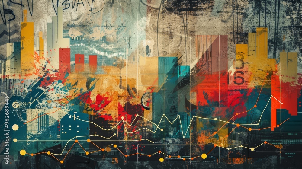 Poster an abstract illustration of financial data graphs set against a vibrant urban backdrop. the colorful