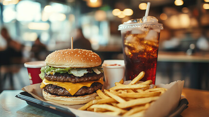A wide-angle shot of a fast food meal