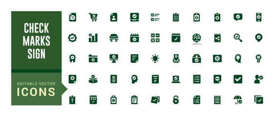 Check marks sign - web icon set. Contains such icons as confirm and more. Filled icon set, glyph icon set for web and ui. Editable stroke. Solid icon set. Vector illustration.