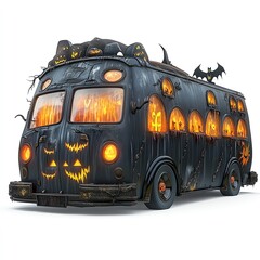 A haunted camper van, Halloween theme, with glowing windows and spooky decorations, isolated on white background