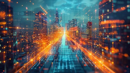 Obraz premium A vibrant image of advanced green technology, like solar panels or wind turbines, integrated into modern infrastructure, with a clean background for sustainable tech innovations.