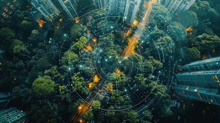 A vibrant image of advanced green technology, like solar panels or wind turbines, integrated into modern infrastructure, with a clean background for sustainable tech innovations.