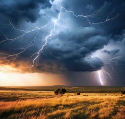 Electric Drama: A Stunning Lightning Storm Illuminates the Summer Field at Dusk