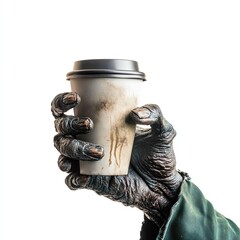 A zombie hand holding a coffee cup, Halloween theme, eerie and dark, isolated on white background