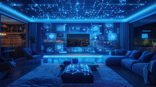 Infographic showcasing the integration of smart home technology with home entertainment systems, such as smart TVs, sound systems, and streaming devices, with visual representations and clean