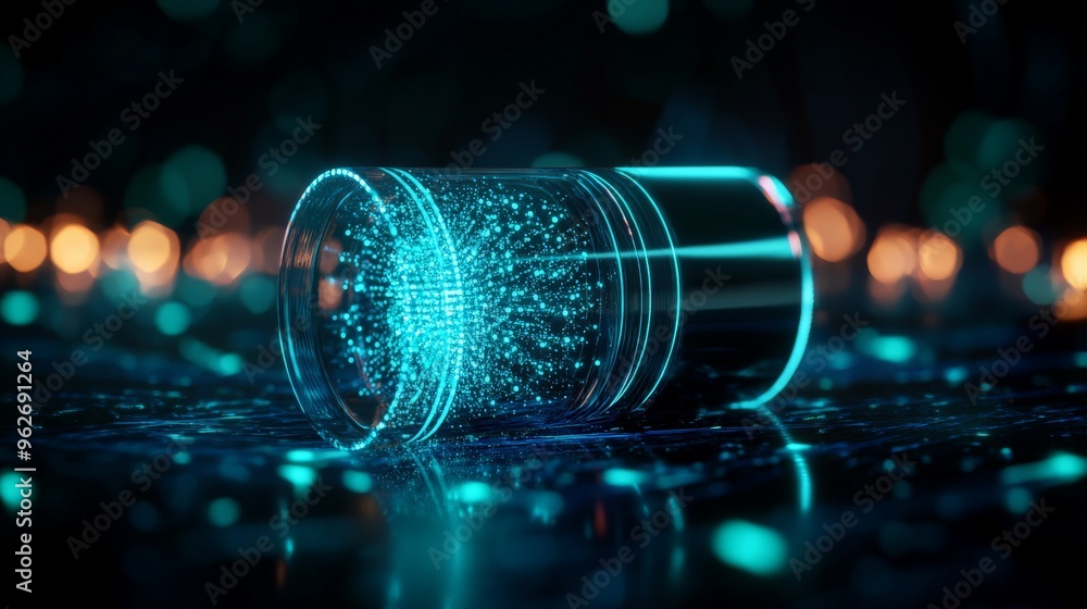Poster a futuristic glowing neon cylinder with particles emitted inside, set against a moody background wit