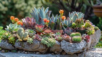 A vibrant scene of a succulent garden with various types of succulents and cacti in decorative pots, with clean background space for succulent care and tips.