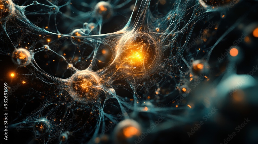 Poster abstract representation of neural connections with glowing nodes.