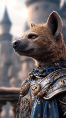A hyena in medieval knight armor, standing in front of a grand castle, representing bravery and chivalry in a historical context.
